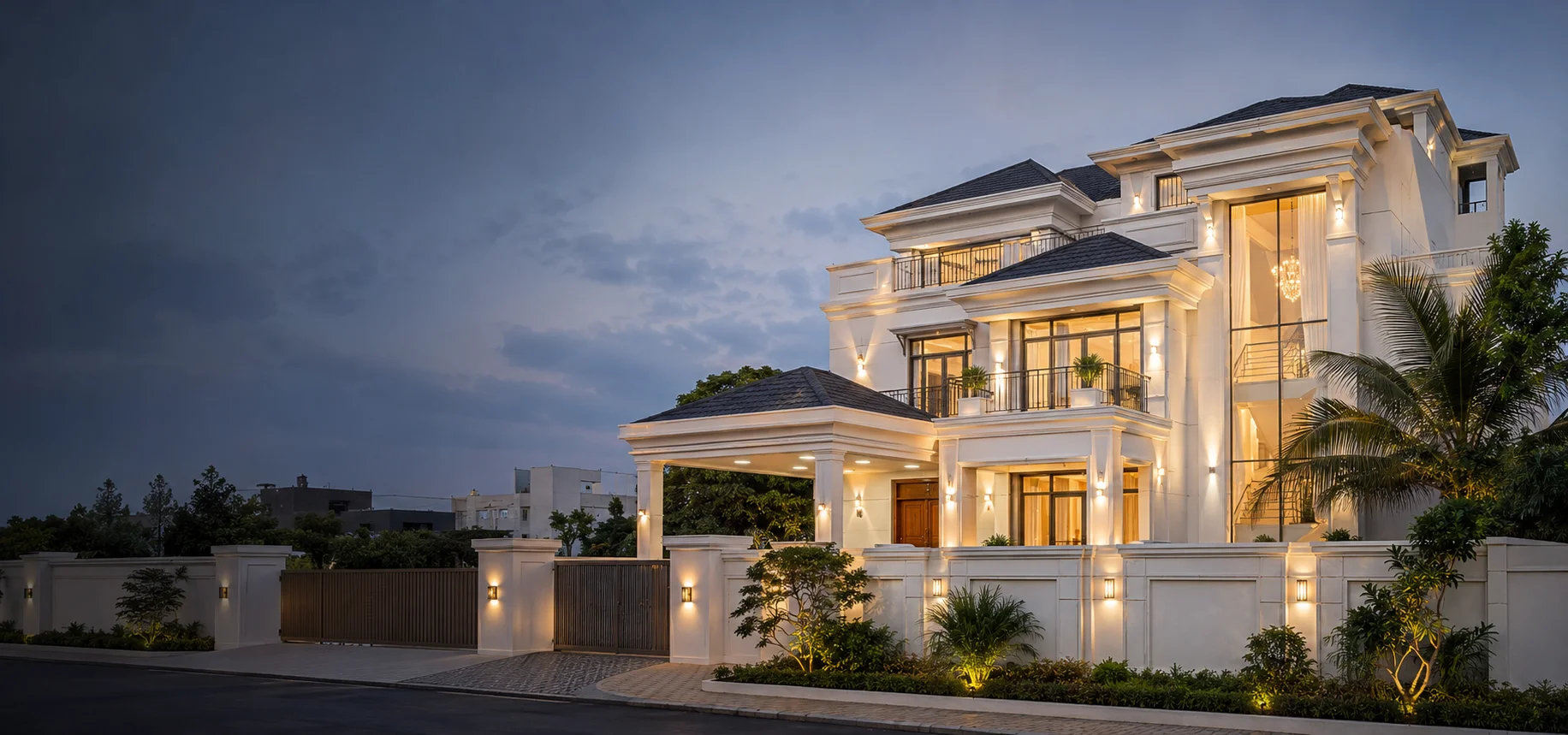 Luxurious mansion at dusk in suburbia